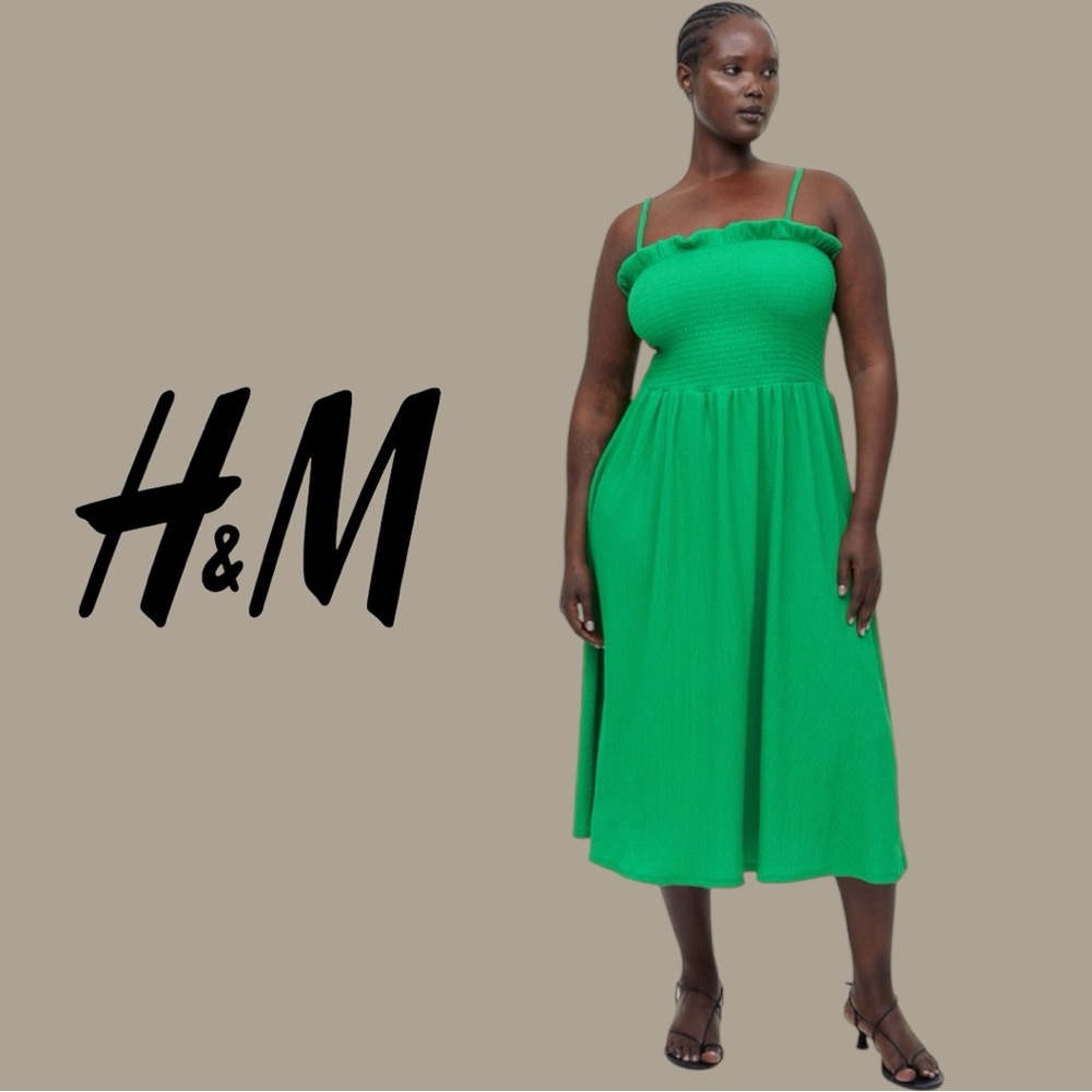 H&M Smocked Midi Dress 4X Plus Size Green Sundress Vacation Summer